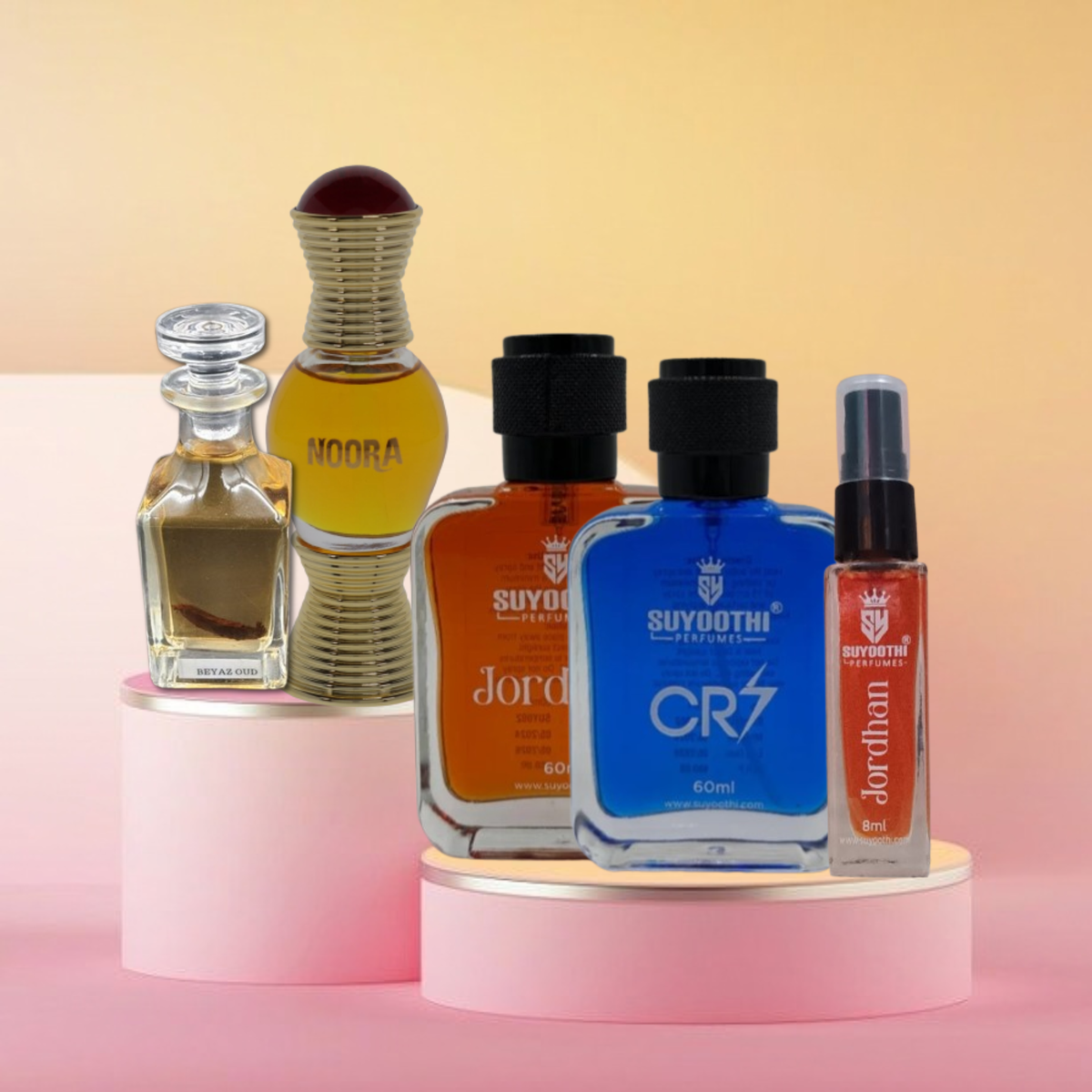 SUYOOTHI perfumes collection with jordhan,cr7 ,noor and attar oud perfume bottils