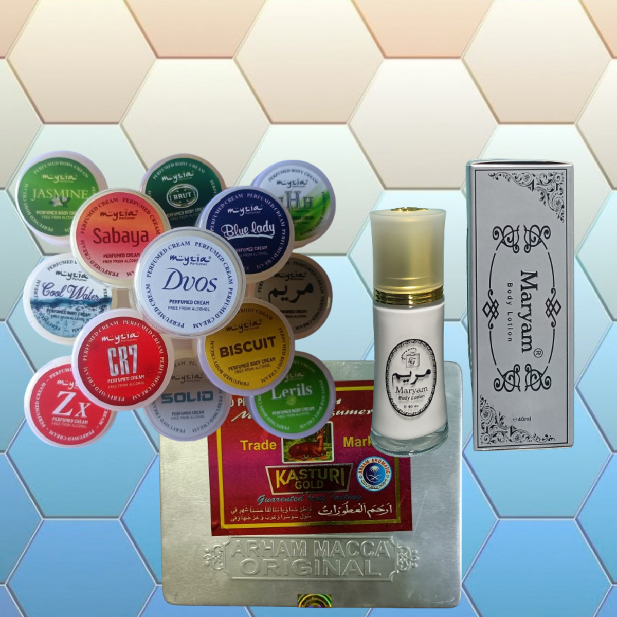 maryam body lotion,myzia perfumed body cream cr 7,zx,sabaya,biscuit,hhh, solid, lerils, arham macca originalk asturi gold cream, solid perfume bottils