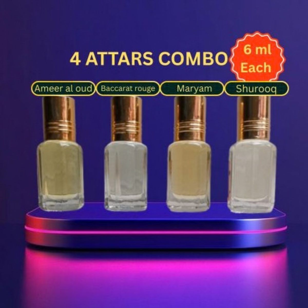 6 ML Attar Combo – Ameer Al Oud, Baccarat Rouge, Maryam & CR7